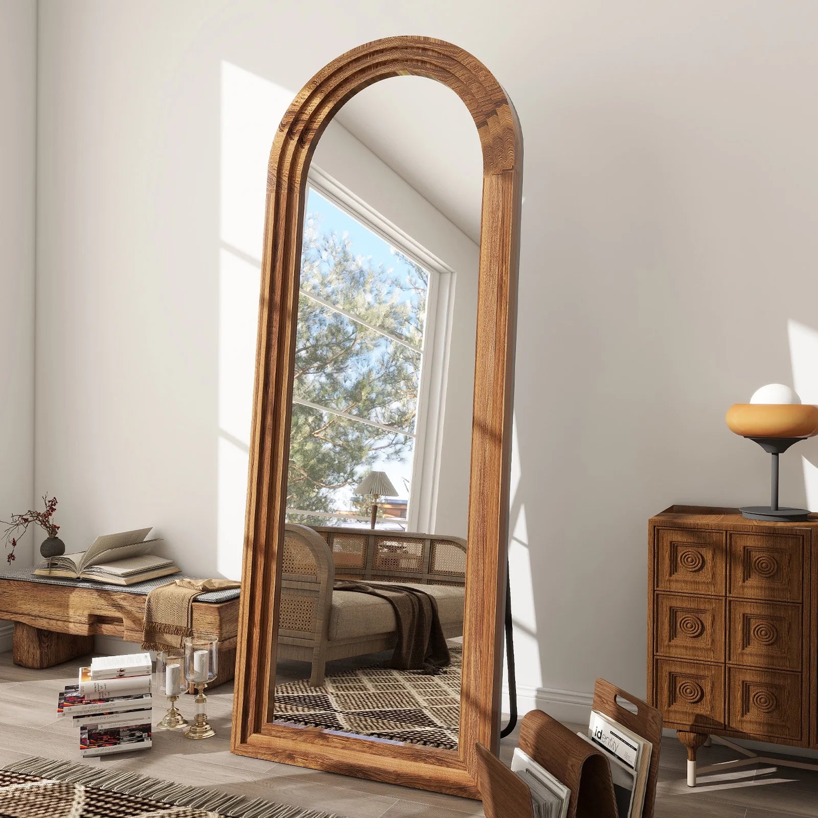 64"X21" Arched Full Length Mirror with Stand Solid Wooden Framed Floor Mirror Full Body Mirror,Brown