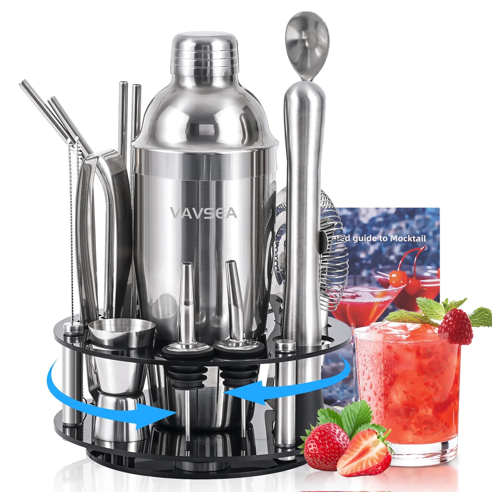 Cocktail Shaker Set with Rotatable Stand, Mixology Bartender Kit Bar Tool Set for Drink Mixing Home Lounge Party Bar Accessories with Straws & Spoon, Silver, 19Pcs