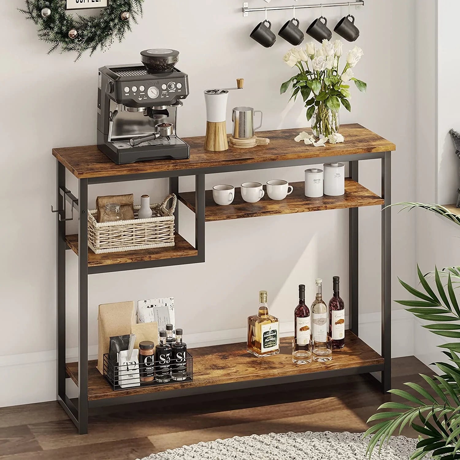 Narrow Console Table Buffet Sideboard Side Desk Entryway Table with 4 Storage Shelves & 2 Hooks, Rustic