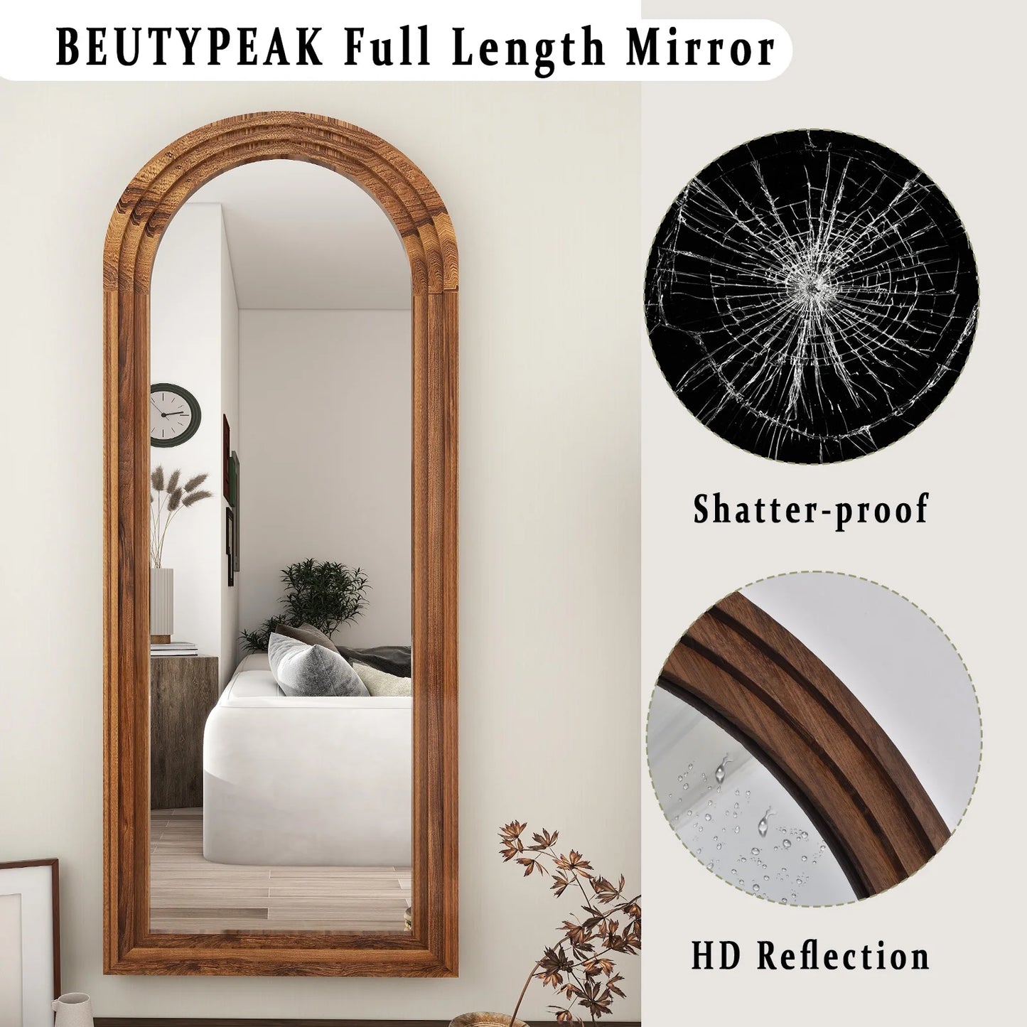 64"X21" Arched Full Length Mirror with Stand Solid Wooden Framed Floor Mirror Full Body Mirror,Brown