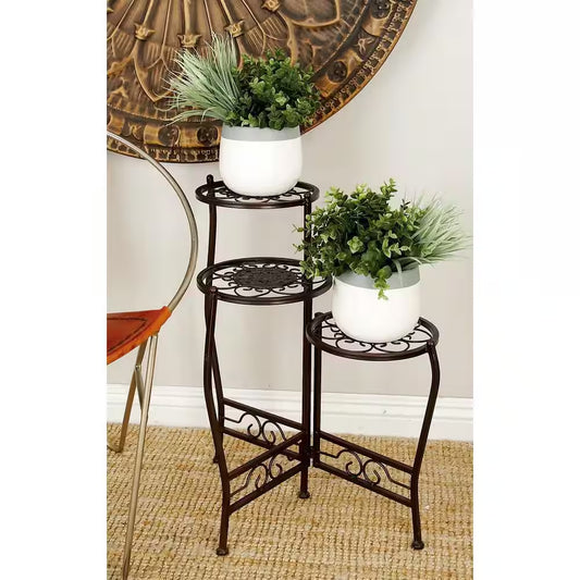 18 In. Brown Metal Floral Indoor Outdoor 3 Tier Plantstand