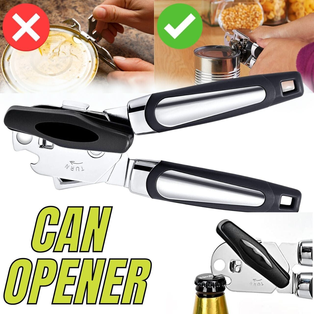 Manual Handheld Can Opener with Cutting Wheel Blade Lid Cap Openers