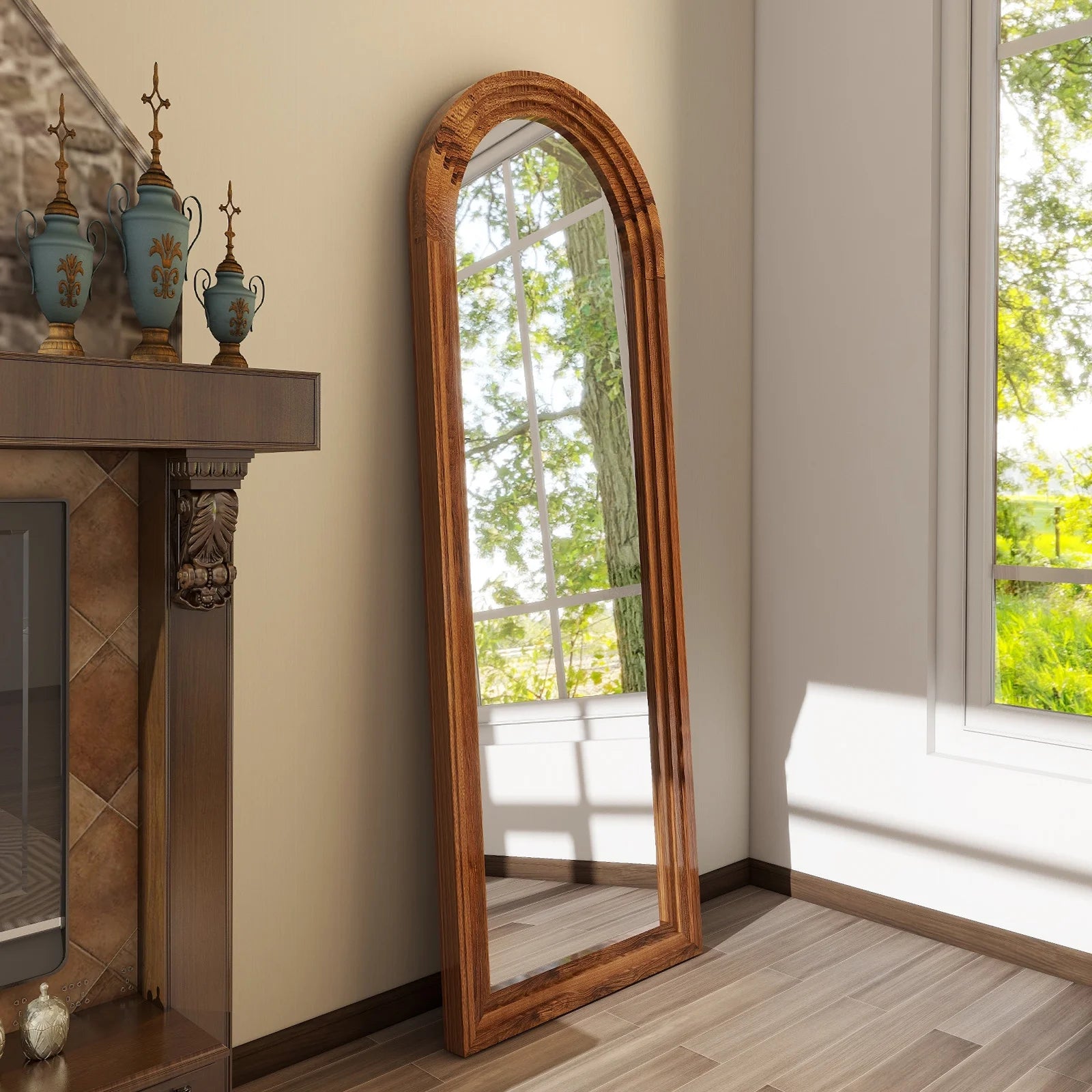 64"X21" Arched Full Length Mirror with Stand Solid Wooden Framed Floor Mirror Full Body Mirror,Brown