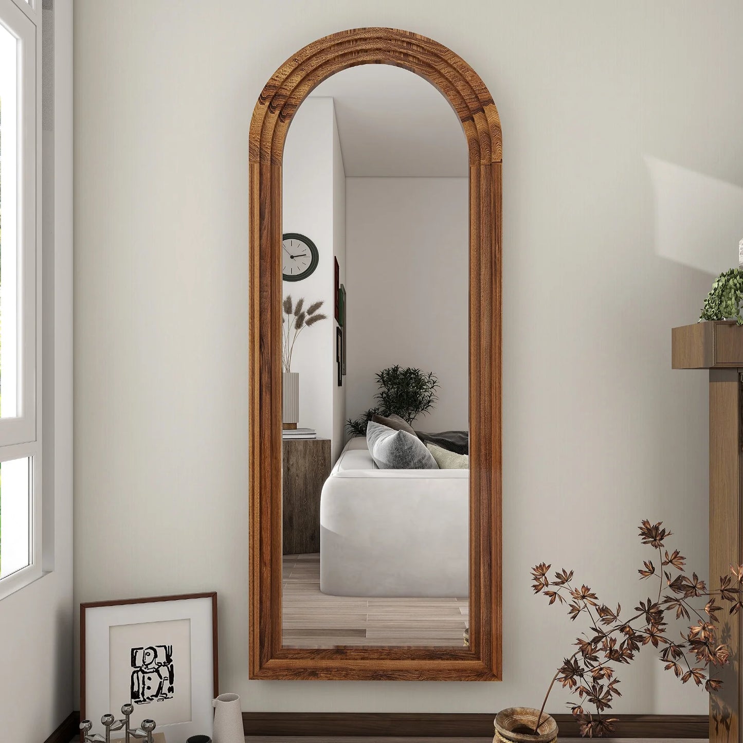 64"X21" Arched Full Length Mirror with Stand Solid Wooden Framed Floor Mirror Full Body Mirror,Brown