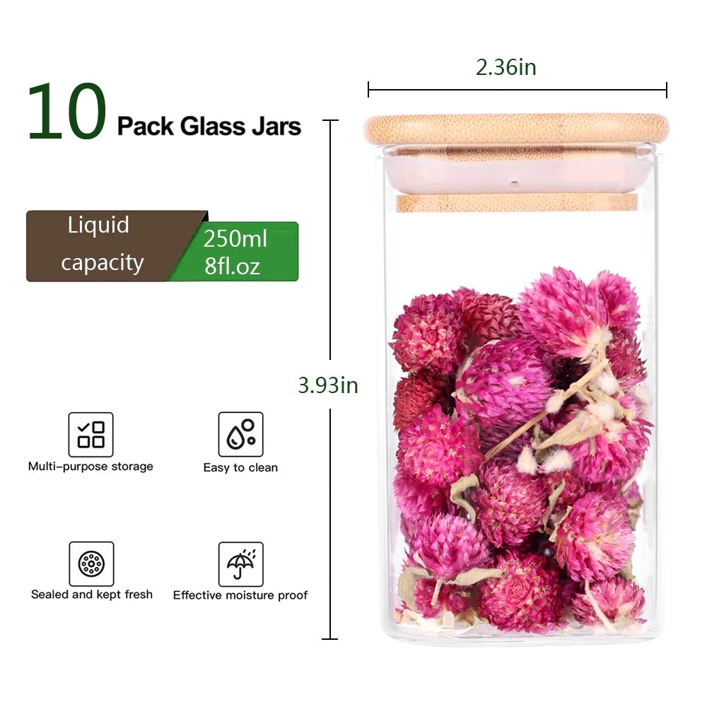 10 Pcs Glass Spice Jars 8Oz Clear Empty Square Food Storage Containers with Bamboo Airtight Lid and Labels - Thicken Small Glass Canister